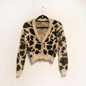 Mustard Seed Animal Print Fuzzy Cropped Cardigan